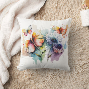 Blumen Schmetterlinge Wasserfarbe Gelb Blau Lila  Kissen