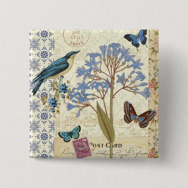 Blumen-, Schmetterlings- und Vogelcollage Button (Vorderseite)
