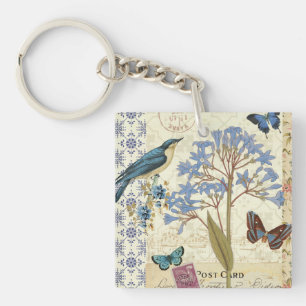 Blumen-, Schmetterlings- und Vogelcollage Schlüsselanhänger