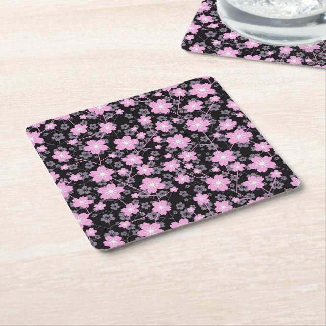 Blumen Schwarz Rosa Schöne Kirschblüte Rechteckiger Pappuntersetzer (angewinkelt)