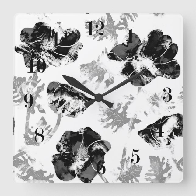 Blumen, Schwarz und Weiß Quadratische Wanduhr (Vorderseite)