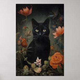 Blumen-Schwarzkatze-Druck, Blumenliebhaber-Katze-P Poster