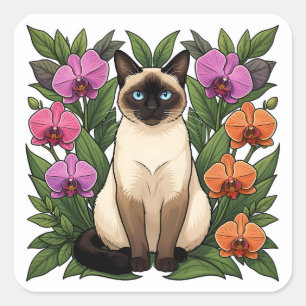 Blumen-Siamkatzen-Aufkleber Quadratischer Aufkleber