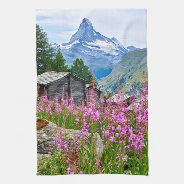 Blumen | Sommermatterhorn Schweiz Geschirrtuch (Vertikal)