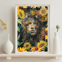 Blumen-Sonnenblumen-Collage Gelbes Frauenporträt