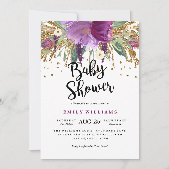 Blumen Sparkling Amethyst Baby Dusche Einladung (Vorderseite)