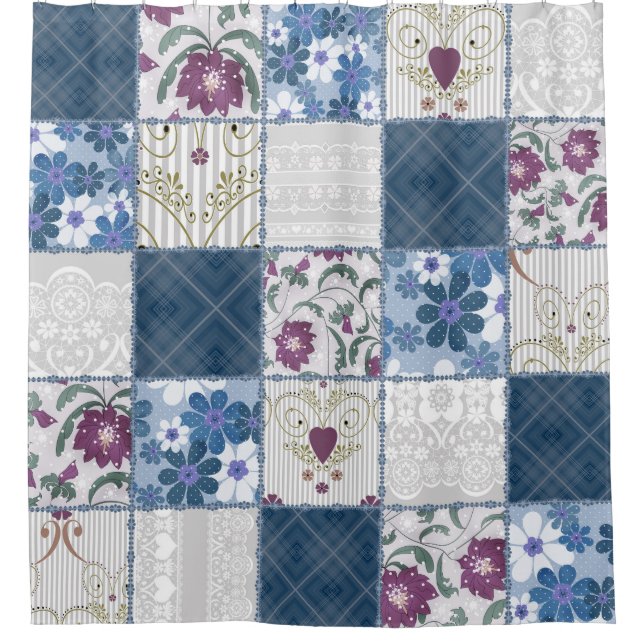 Blumen-Spitze: Nahtloser Patchwork-Hintergrund. Duschvorhang (Vorderseite)