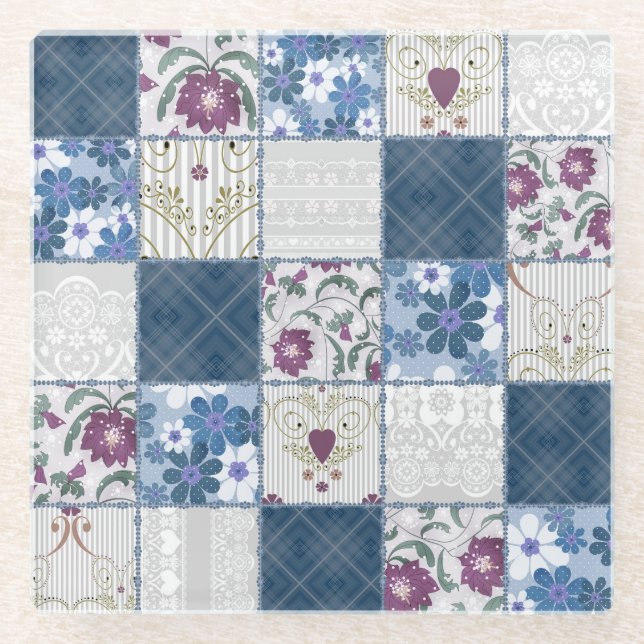 Blumen-Spitze: Nahtloser Patchwork-Hintergrund. Glasuntersetzer (Vorderseite)