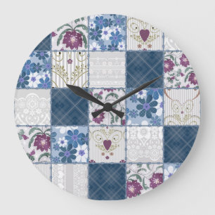 Blumen-Spitze: Nahtloser Patchwork-Hintergrund. Große Wanduhr