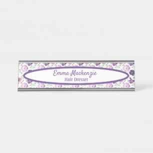 Blumen-Station Lila Blumen Schreibtisch-Schild Schreibtischnamensplakette