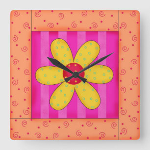 Blumen-Steppdecken-Block-Wand-Uhr-Orange Quadratische Wanduhr