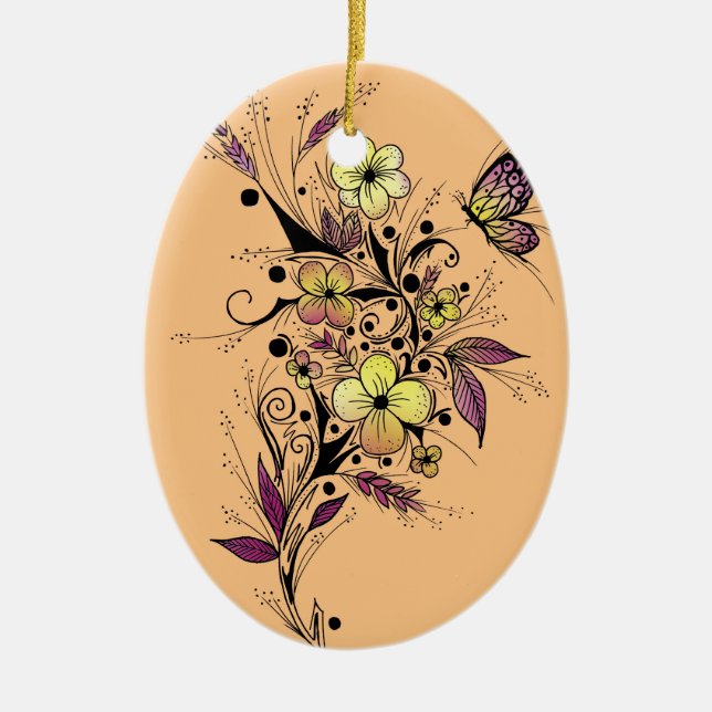Blumen-Tätowierung in Gelbem und in Lila Keramik Ornament (Vorne)