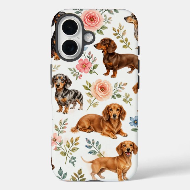 Blumen-Teckel-Handyhülle - Wiener Hund Muster iPhone 16 Hülle (Rückseite)