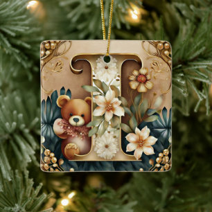 Blumen-Teddybär Buchstabe I Keramikornament
