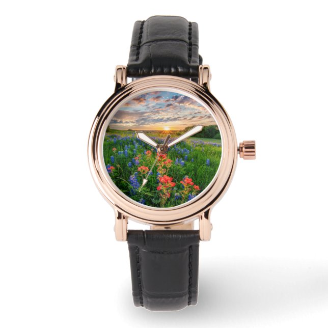 Blumen | Texas Bluebonnets & Indian Paintbrush Armbanduhr (Vorderseite)