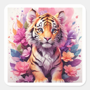 Blumen-Tiger-Tasse - Rosa Tiger-Kaffeetasse - Geis Quadratischer Aufkleber