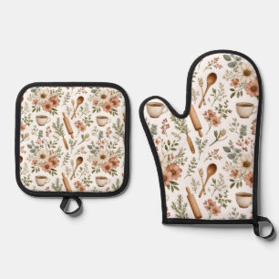 Blumen-Topflappen- und Ofenhandschuh-Set Ofenhandschuh & Topflappen-Set