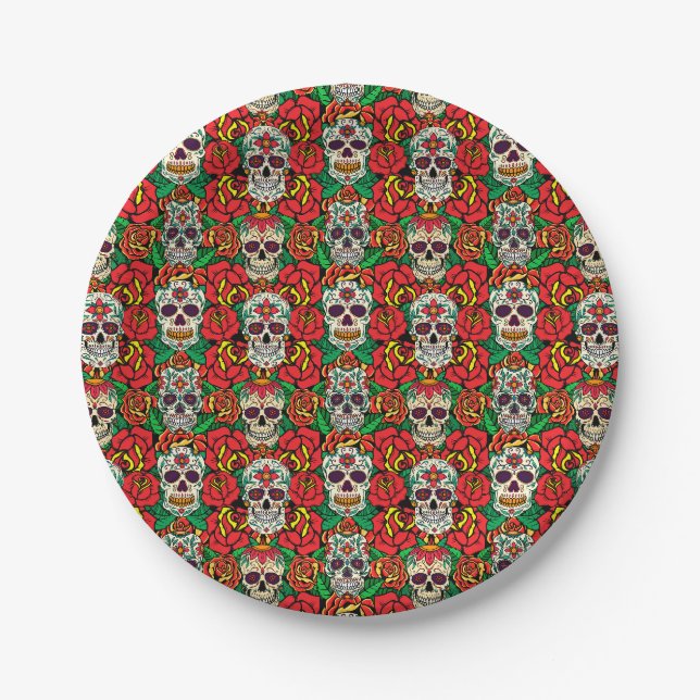 Blumen-Totenkopf-Muster Pappteller (Vorderseite)