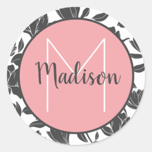 Blumen-Tulpen-Blumen Pastell-Rosa Monogramm-Name  Runder Aufkleber