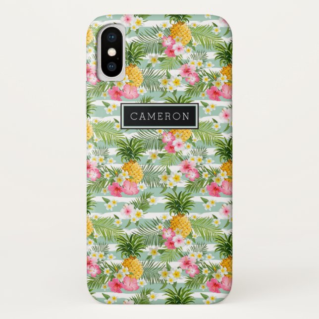 Blumen u. Ananas-aquamarine Streifen | addieren Case-Mate iPhone Hülle (Rückseite)