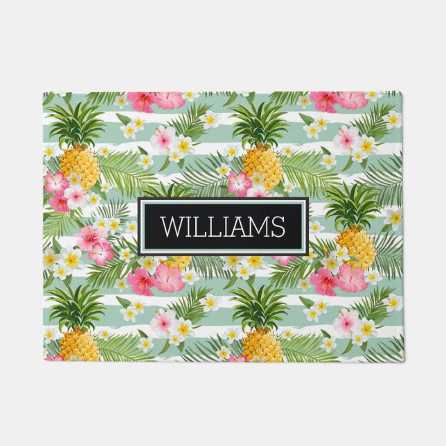 Blumen u. Ananas-aquamarine Streifen | addieren Fußmatte (Vorderseite)