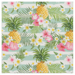 Blumen u. Ananas-aquamarine Streifen Stoff