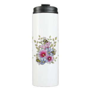 Blumen und Bienen, Botanische Freihandkunst Thermosbecher