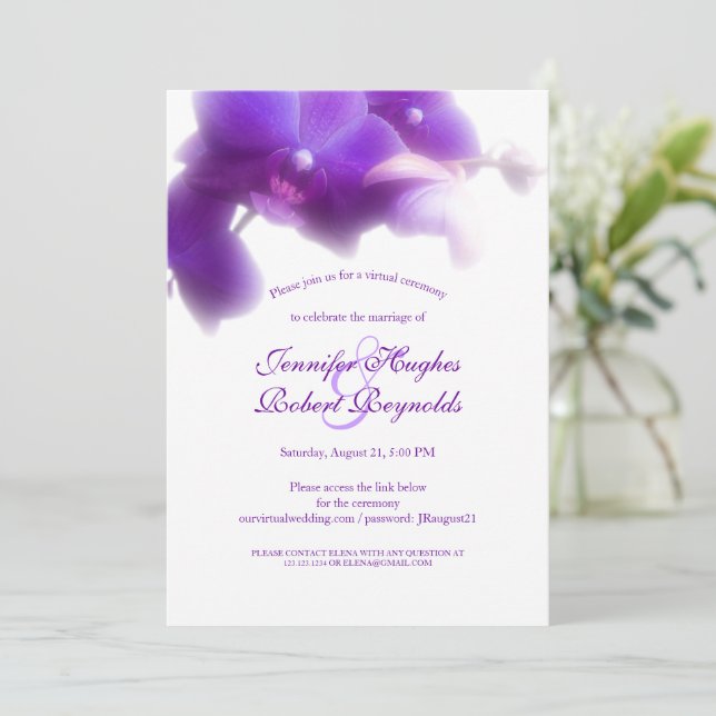 Blumen und elegante Lila Orchid Virtual Wedding Einladung (Stehend Vorderseite)