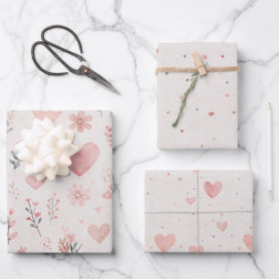 Blumen- und Herz-Geschenkpapier-Set mit 3 Bögen Geschenkpapier Set