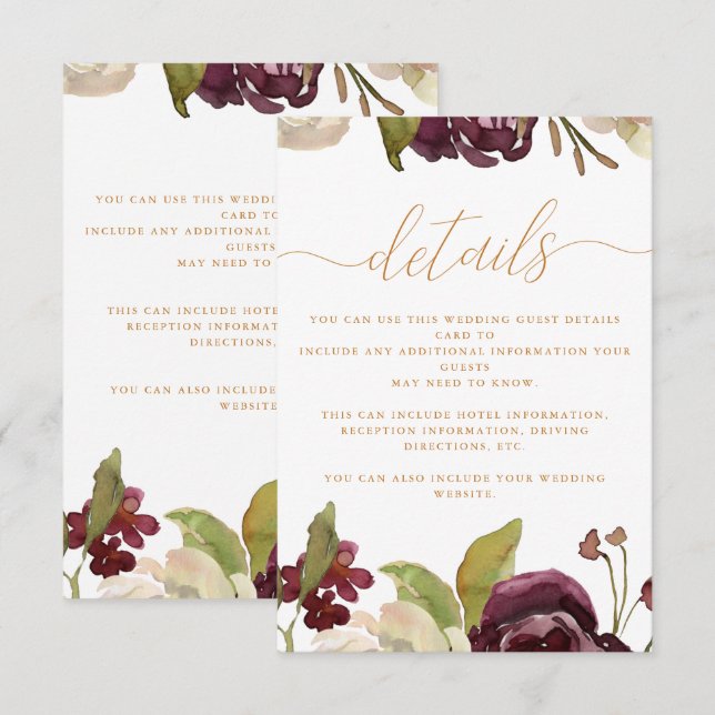 Blumen und Kalligrafie - Hochzeitgäste - Details Begleitkarte (Vorne/Hinten)