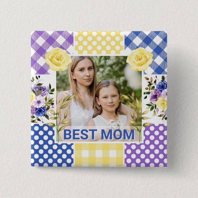 Blumen- und Karo-Fotorahmen Muttertag Button (Vorderseite)