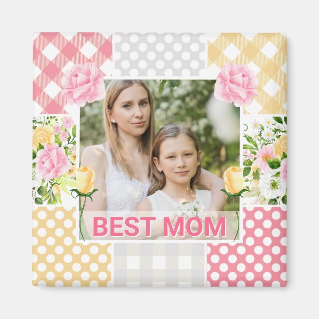 Blumen- und Karo-Fotorahmen Muttertag Magnet (Vorne)