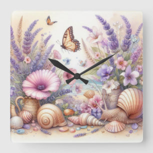 Blumen und Muscheln Aquarell in Pastellfarben Quadratische Wanduhr