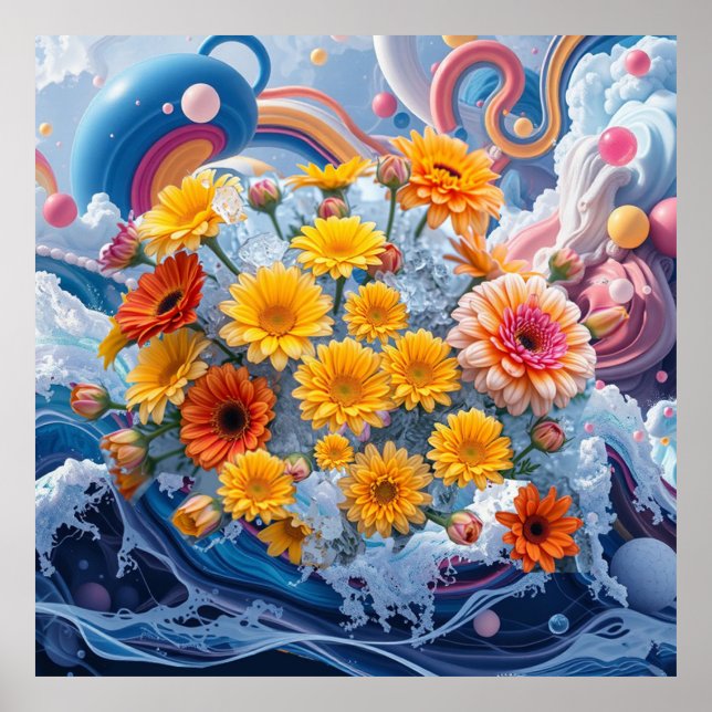 Blumen und Ozeanwellen Poster (Vorne)