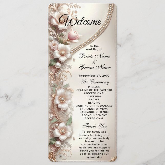 Blumen- und Perlenverzierungen Hochzeit Programm (Vorderseite)