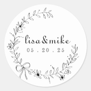 Blumen- und Schleifen-Kranz-Hochzeit Runder Aufkleber