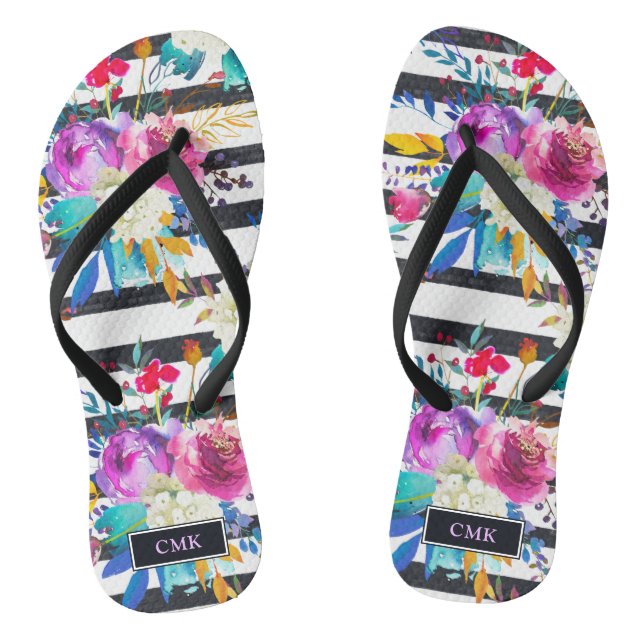 Blumen und Streifen | Trendy und helles Monogramm Flip Flops (Fußbett)