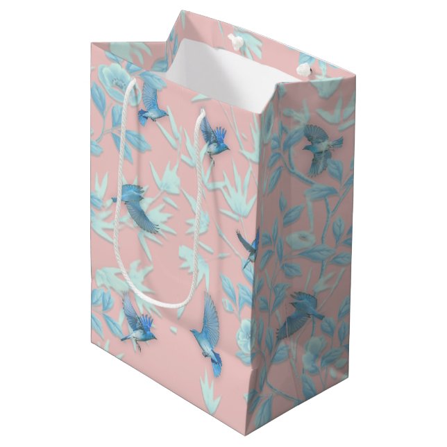 Blumen und Vögel , Hintergrundfarbe der Rose Mittlere Geschenktüte (Vorderseite Schrägansicht)
