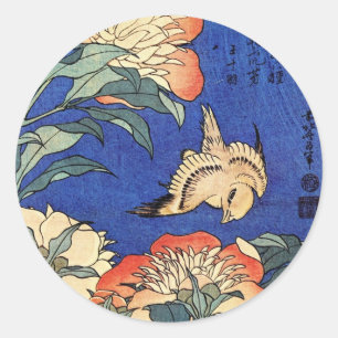 Blumen und Vogel, Hokusai Runder Aufkleber