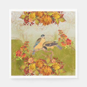 Blumen und Vögel, Orange, Gelb, Rot-Grüne Neapel Serviette