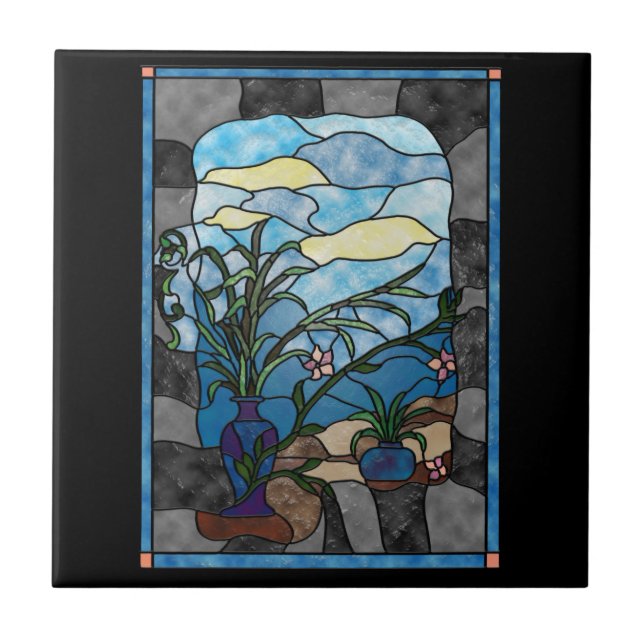Blumen-Vasen-Pflanzen-Vintage beflecktes Glas-Art Fliese (Vorderseite)