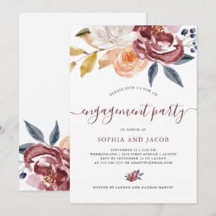 Blumen Verlobungs-Party Burgunderwatercolor- Einladung