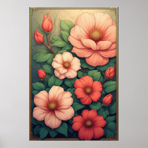 Blumen Vintage Grüne Blätter und Blüten Poster
