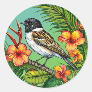 Blumen Vogel Exotische Natur Botanischer Dekor Runder Aufkleber