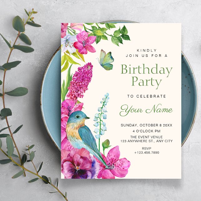 Blumen-Vogel-Kunst-Geburtstag Einladung (Von Creator hochgeladen)