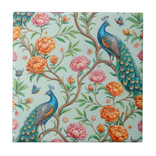 Blumen-Vogel-Muster auf Minz-Hintergrund (10) Fliese