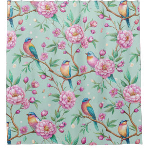 Blumen-Vogel-Muster auf Minz-Hintergrund Duschvorhang