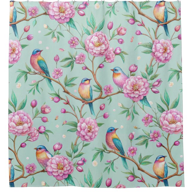 Blumen-Vogel-Muster auf Minz-Hintergrund Duschvorhang (Vorderseite)