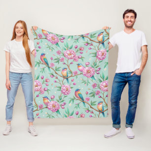 Blumen-Vogel-Muster auf Minz-Hintergrund Fleecedecke