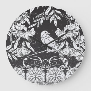Blumen Vogel Nouveau Dekoratives Poster Große Wanduhr